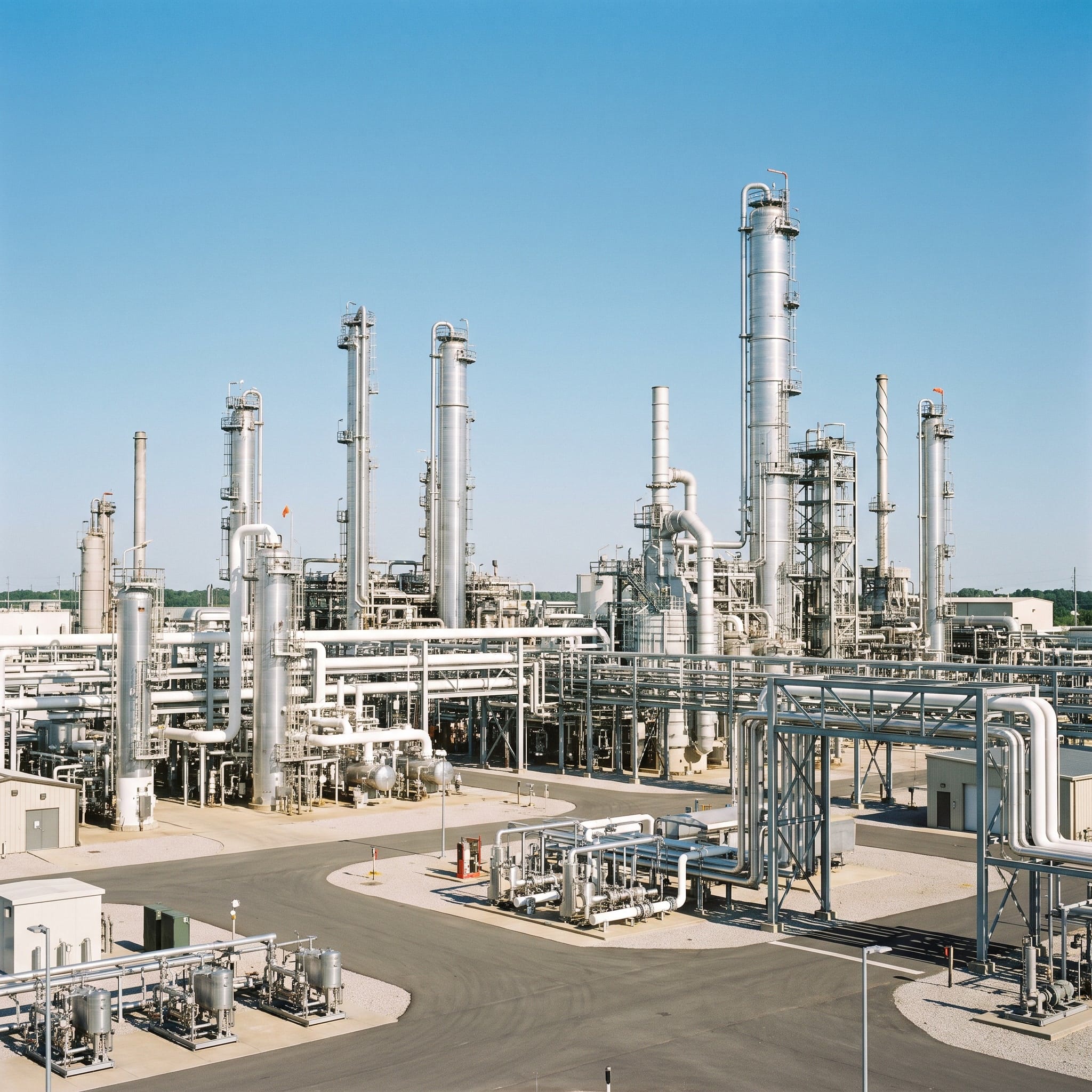 Oil refinery at blue hour with silhouetted towers and piping